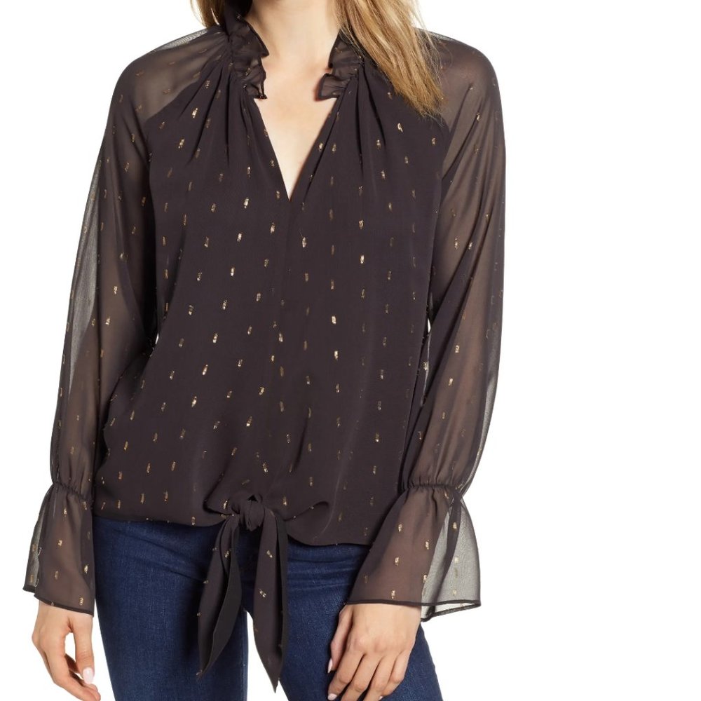 Chelsea28 Metallic Textured Tie Top - Black & Gold Blouse in XS
